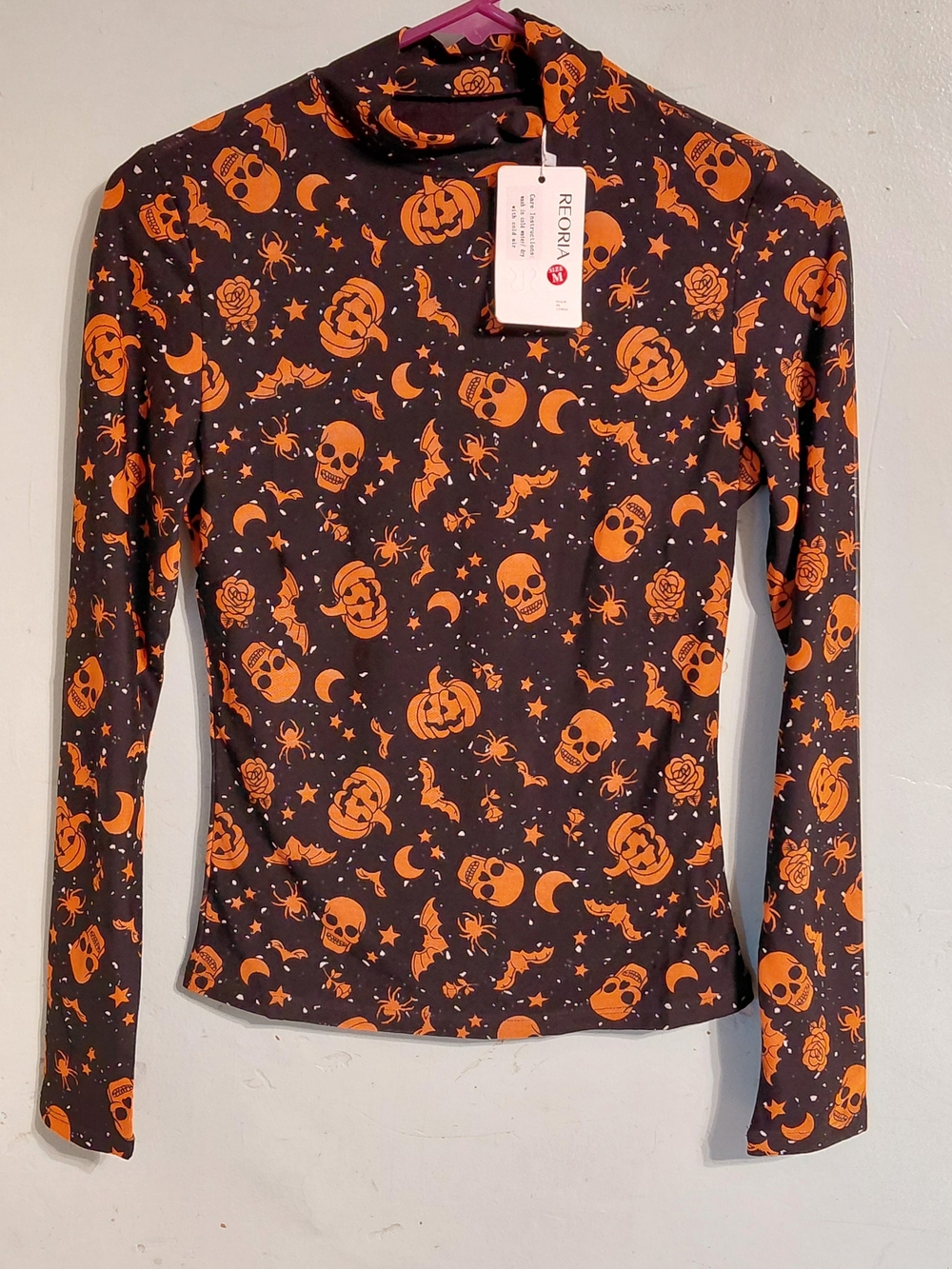 Halloween Skull & Pumpkin Turtleneck Top - Orange on Black - Picture 2 of 3